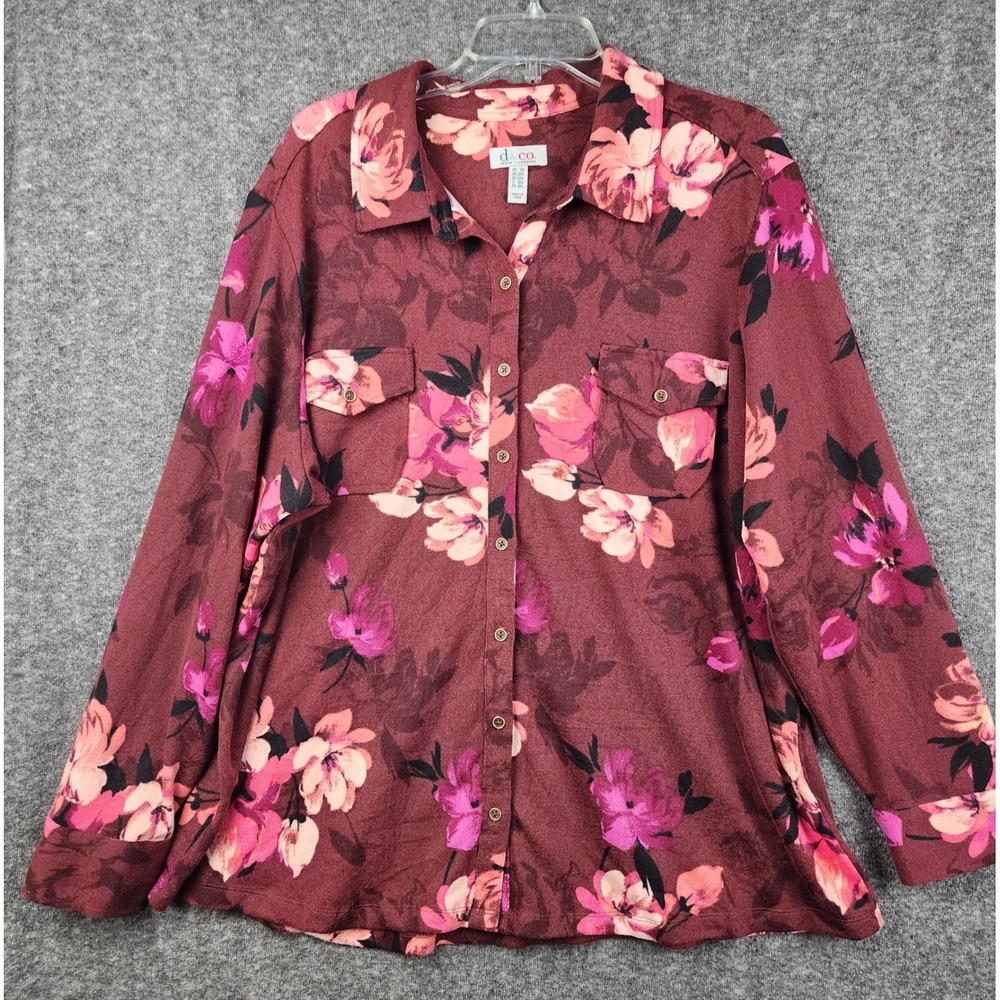 Denim & Co Button Down Shirt Women‎ 2X Burgundy Floral Long Sleeve Knit Shacket